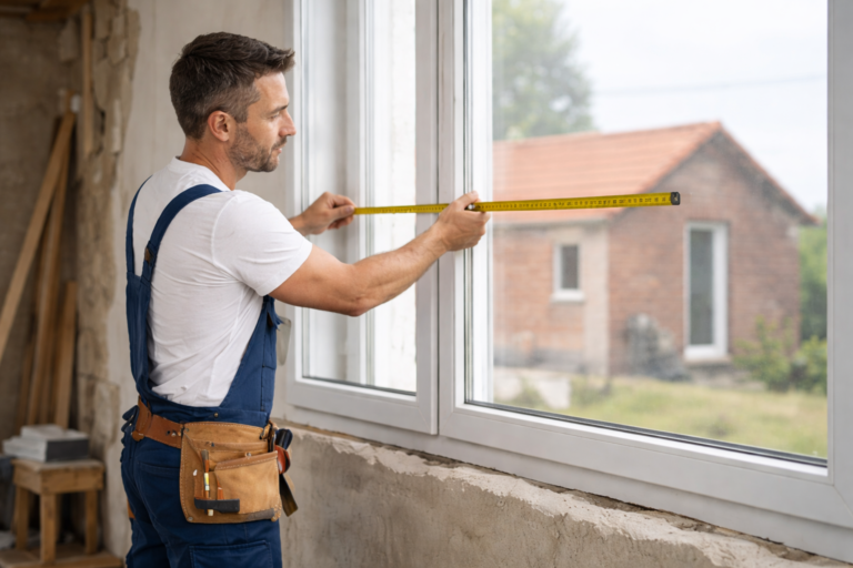 artisan réalisant une prise de mesure pour menuiserie sur mesure